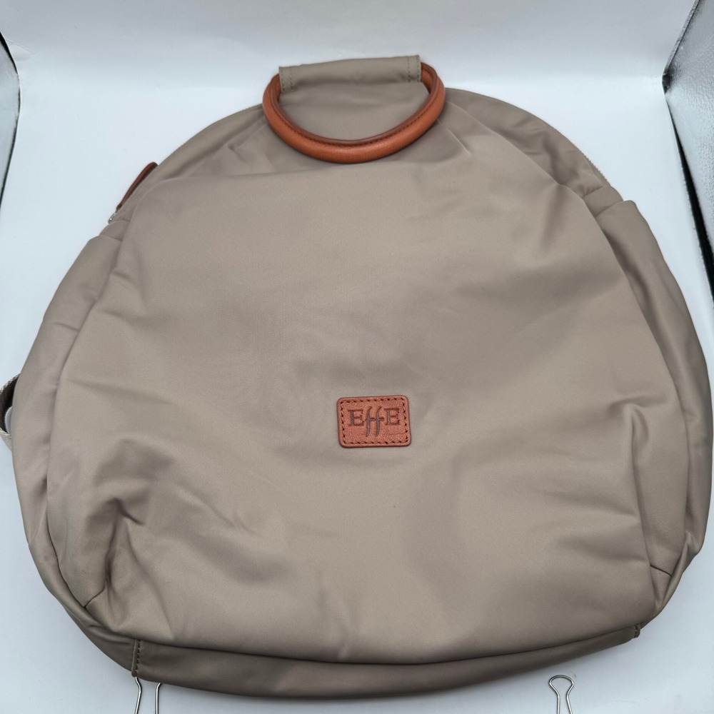 EFFE Backpack Womens Tan Nylon Leather Trim Round Top Handle Travel Bag